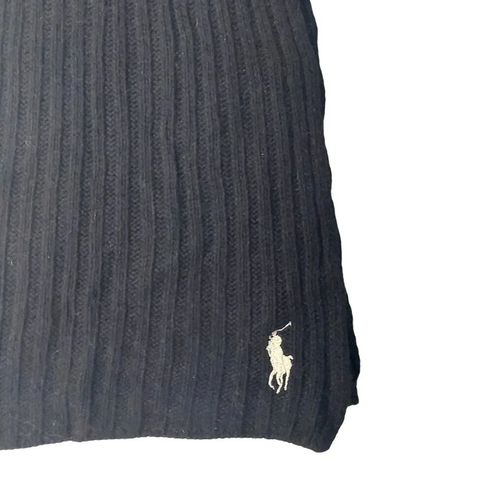 POLO Ralph Lauren 80s Vintage Black Ribbed Knit Scarf Embroidered Logo Scarves